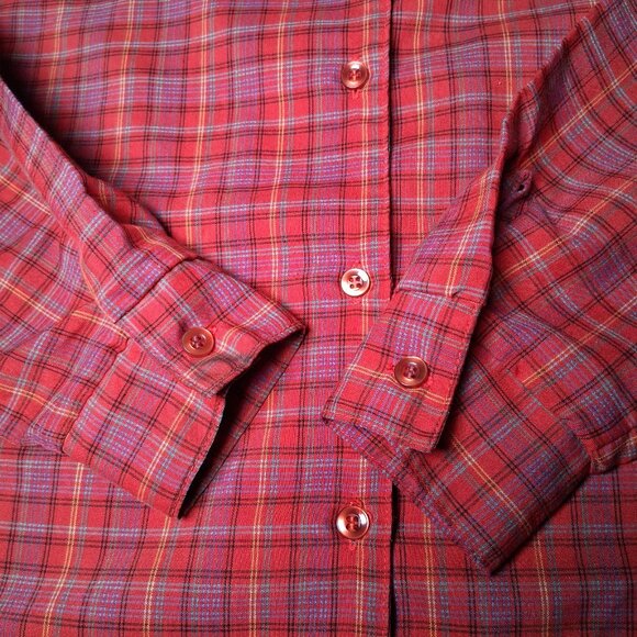 Vintage Dee Cee Blouse Women 10 Rust Blue Plaud Button Collared Modest Retro - Picture 11 of 12